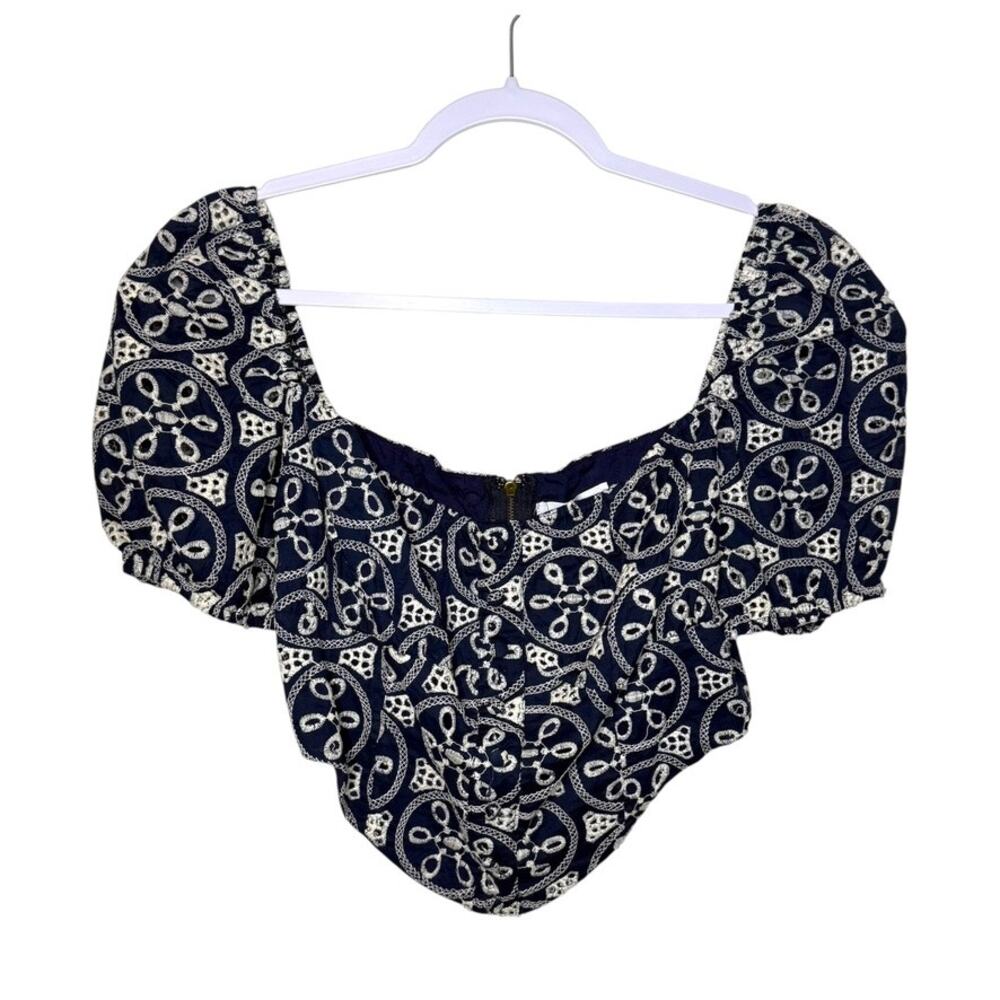 Lucca Puff Sleeve Cropped Blouse Women M Navy Cream Boho Semi Corset Front‎